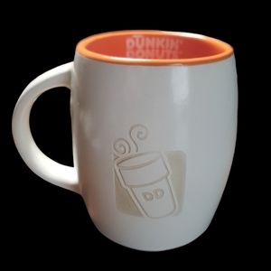 DUNKIN’ DONUTS ENGRAVED WHITE AND ORANGE COFFEE MUG 14 OZ W INSIGNIA ON INSIDE